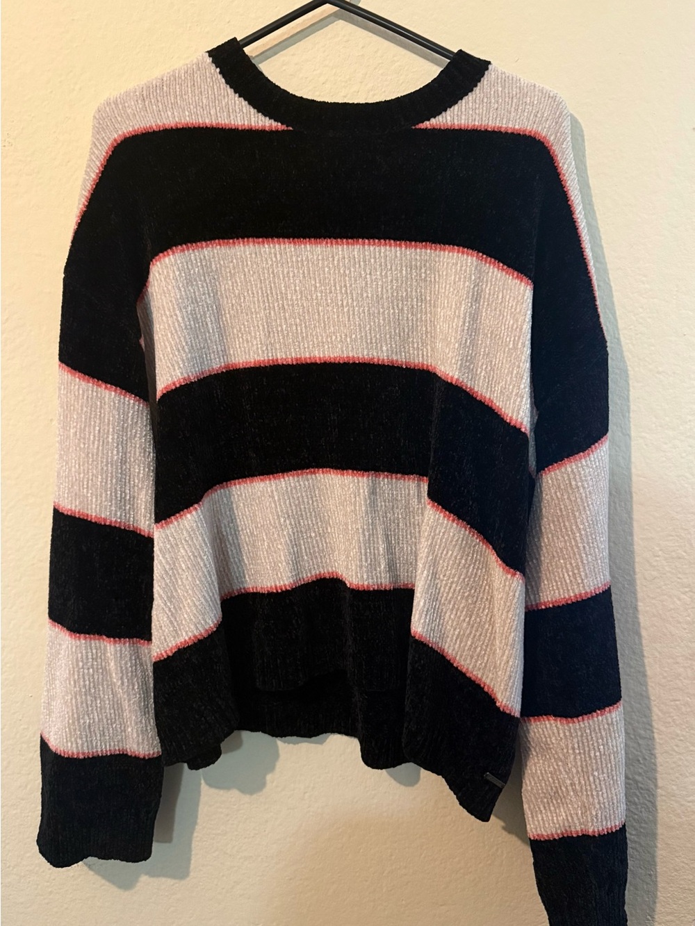 Volcom Black and White Striped Crewneck with Pink Trim